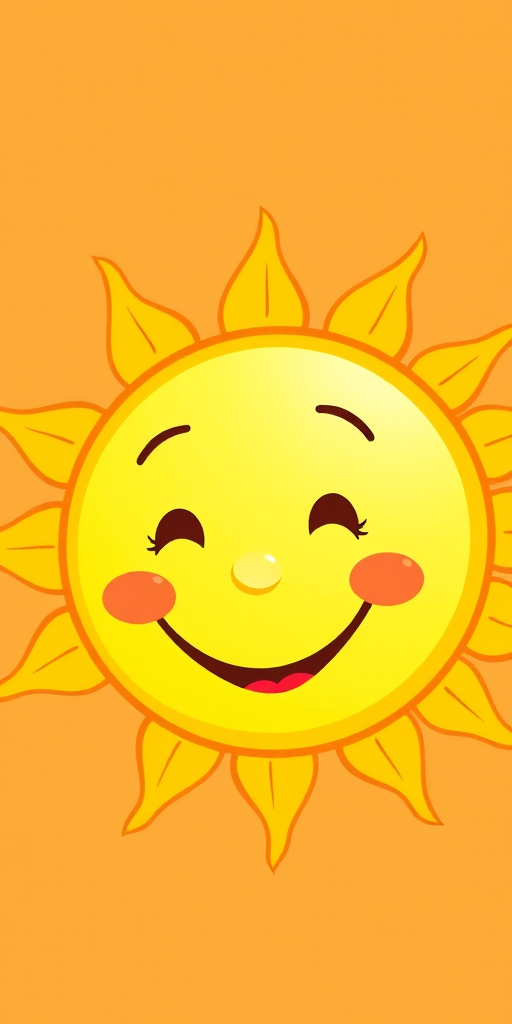 Generate a bright, cheerful cartoon sun with a smiling face and rosy cheeks, using vibrant yellow and warm orange colors, captured with a DSLR camera at f/2.8 aperture, 50mm lens, in a soft-focus style to enhance the playful features and colors of the sun.