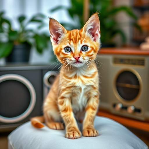 Generate an image of a cute orange tabby kitten sitting on a white cushion with a curious expression its ears perked up in a cozy indoor setting with a vintage radio and greenery in the background.