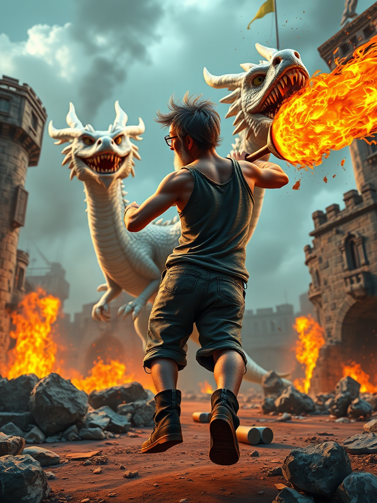 Cartoon 3D High-Resolution,dynamic battle scene using Unreal Engine 5 and Octane Render. The scene features back of an elderly, thai man with a beard,messy hair and round golden-rimmed glasses. He is wearing a tattered tank top with soot marks, shorts, and sandals. sweating. he wields a baseball bat. He jump to fight with a white fire-breathing Europe dragon amidst a partially destroyed stone castle. Include intense flames, smoke, and debris to enhance the dramatic effect.