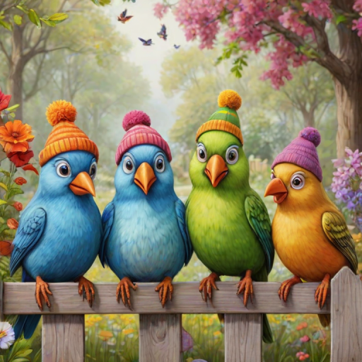 create a scene of 4 quirky  whimsical colourful comical birds each with a funny expression. they are sat on a wooden fence with colourful flowers. they are all different sizes. each one is a different colour  one is wearing a woolly hat. Each one has a different quirky google expression and there is a muted background of trees watercolour paintierly style high definition 8k resolution 3D paper mache