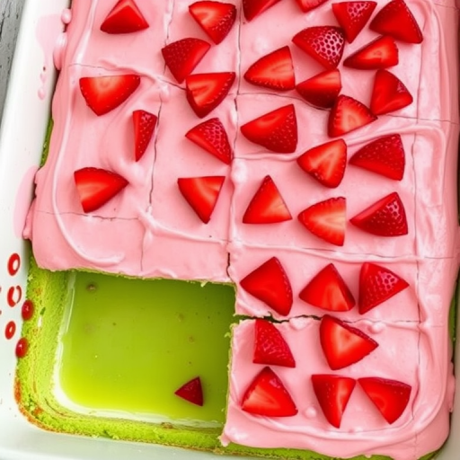 A rectangular dessert with a layer of green cake and pink frosting topped with chopped red strawberries arranged in squares, with one piece partially removed revealing a green interior and a light green sauce underneath, presented in a baking dish.