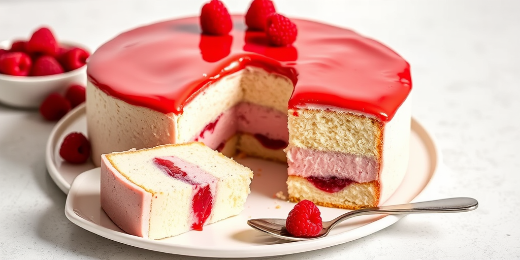 Create an image of a delicious raspberry mousse cake with a glossy raspberry glaze on top decorated with fresh raspberries, featuring a slice of the cake on a plate with a spoon beside it, set against a light textured background.