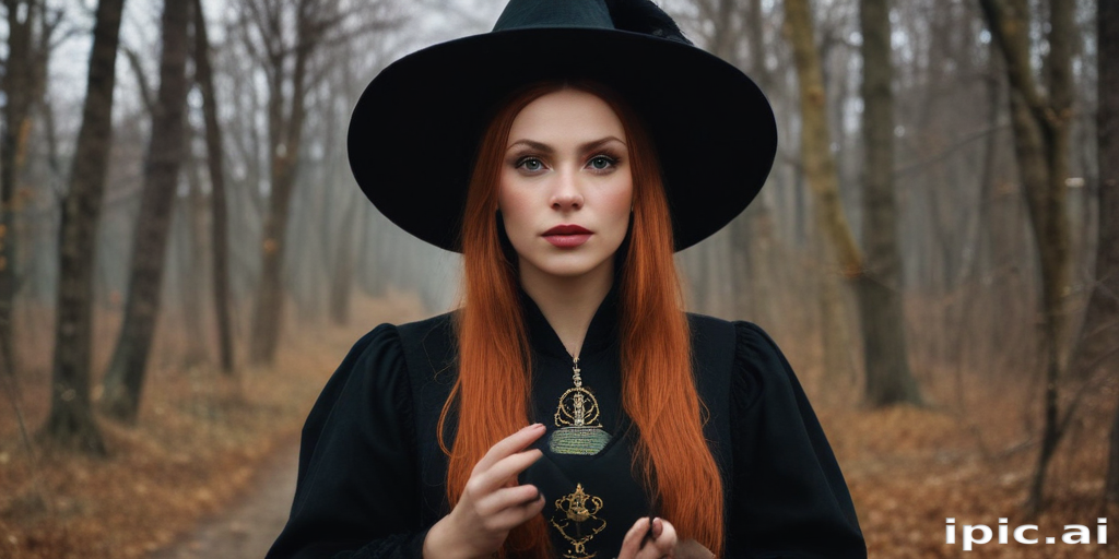 Mysterious Woman in Black Attire with a Hat in Enchanted Forest