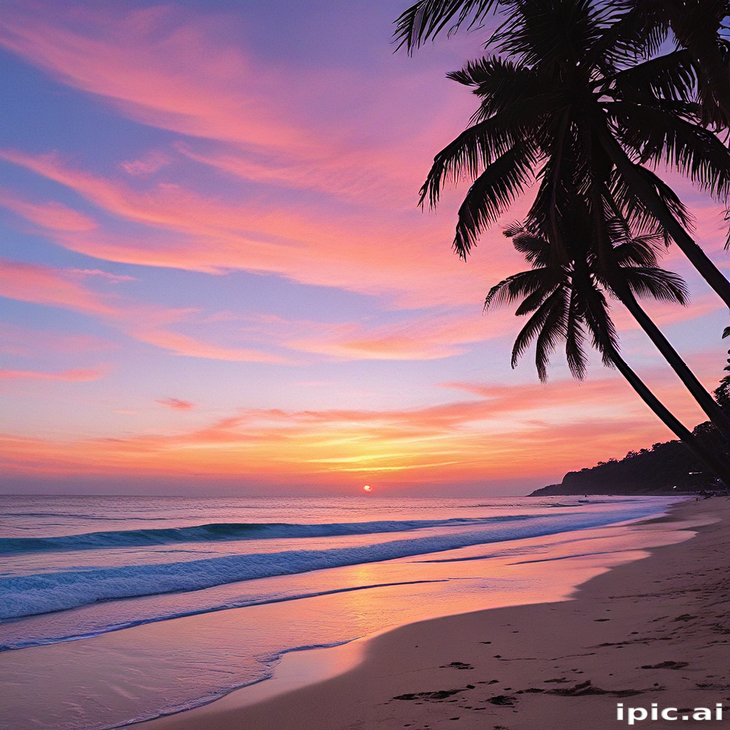 Tranquil Sunset Over a Serene Beach with Palm Trees Silhouetted