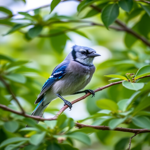 Capture a high-resolution image of a blue jay perched on a branch, surrounded by lush green leaves, using a DSLR camera, 70mm focal length, aperture f/2.8, ISO 200, with a shallow depth of field for a blurry background effect.