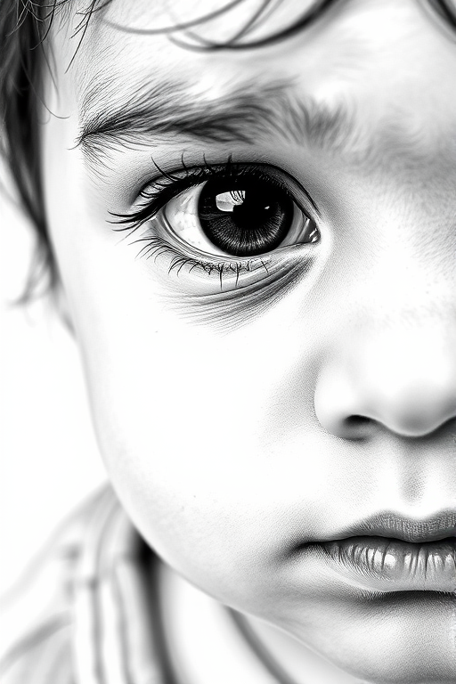 A hyperdetailed photorealistic black and white sketch of a beautiful toddler with deep black eyes, with a macro focus
