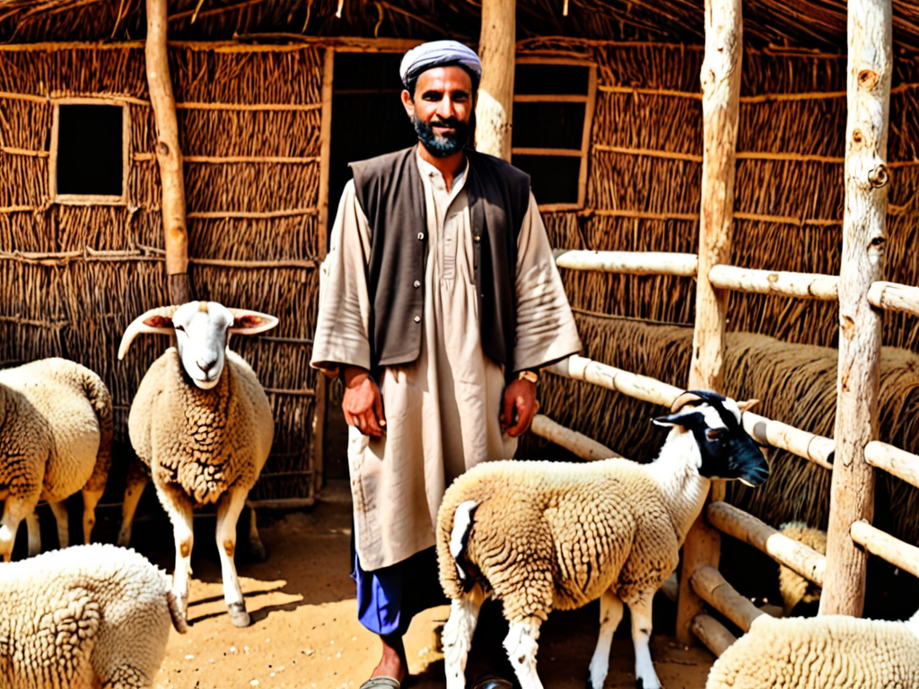 Man standing with sheep and goat in hut by Afghan style