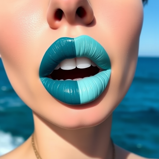 Striking two-toned lips featuring contrasting shades of teal and turquoise, expertly blended for a unique ombre effect, photographed against a complementary ocean backdrop