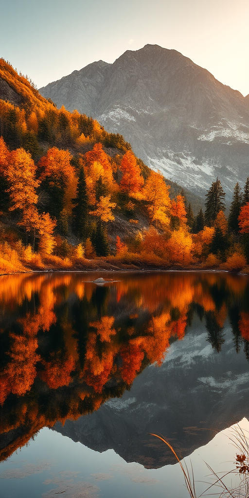 capture a serene autumn landscape with vibrant orange and yellow trees reflecting on a calm lake surrounded by mountains during golden hour, use a DSLR camera with a 24mm lens, aperture set to f/8, ISO 200, and a shutter speed of 1/60 sec, employ a wide-angle view to enhance depth and focus on the reflections in the water
