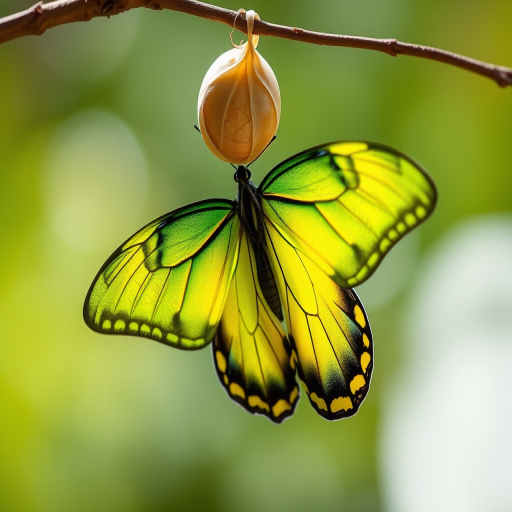 Generate an image of a butterfly emerging from its chrysalis, showcasing vibrant green and yellow colors. The butterfly should be hanging from a thin branch against a blurred natural background, emphasizing the transformation and delicate features of the wings.