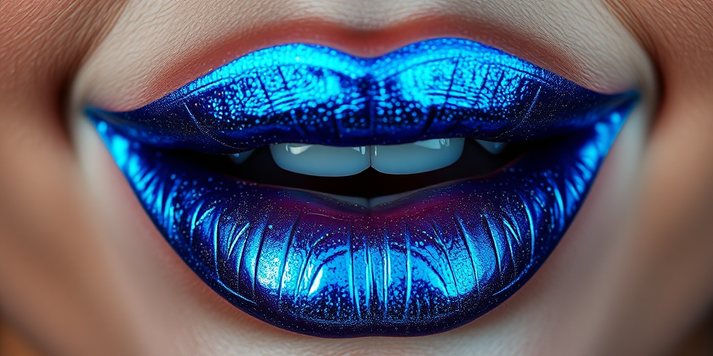 Breathtaking portrait of iridescent peacock blue lips with multidimensional shimmer, showcasing unique color-shifting properties in various angles