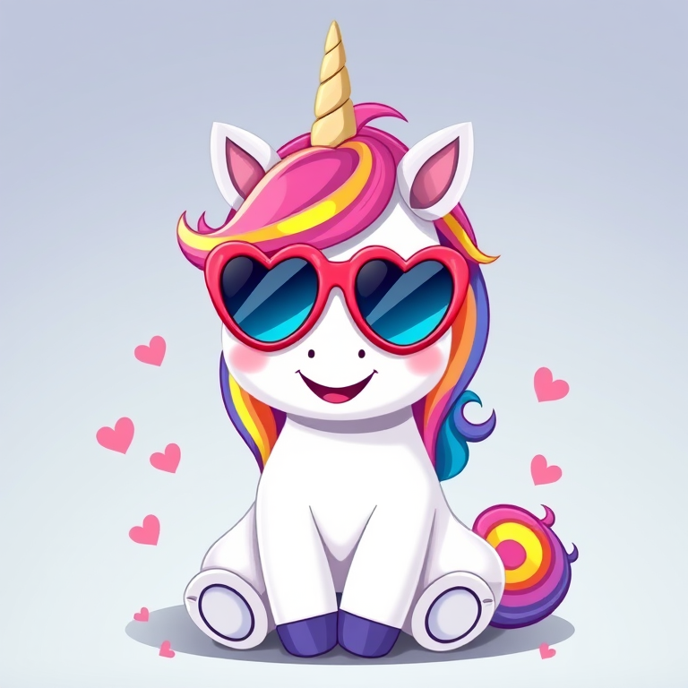 Create a vibrant illustration of a cute unicorn wearing heart-shaped sunglasses with a colorful rainbow mane, sitting happily with small hearts around it, in a bright and cheerful style, captured with a DSLR camera at f/2.8 aperture, 50mm lens, ISO 100, soft focus background for enhanced detail and color saturation.