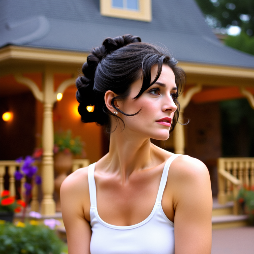 A photo of Greta Garbo with a background of a cozy porch. She has dark hair pulled back in an updo, with tendrils framing her face. She wears a white tank top and sits on the porch. The porch is part of a well-lit home with a warm, earthy tone and colorful flowers and foliage. The overall scene has a warm, welcoming, and comfortable ambiance.