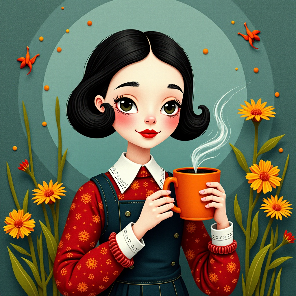 Wednesday Addams holding a steaming coffee mug, depicted in colorful felt textures. The artwork has a serene and tranquil atmosphere, emphasizing the beauty of nature, and evokes a nostalgic and whimsical feeling suitable for children's picture books, greeting cards, and home decor.
