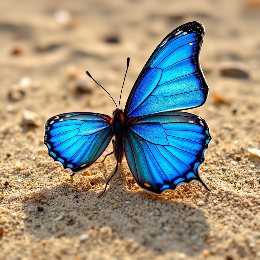 Create an image of a butterfly with vibrant blue wings. The butterfly should be positioned on a sandy ground, showcasing its intricate details and textures. The background should be natural and earthy, emphasizing the butterfly's beauty.
