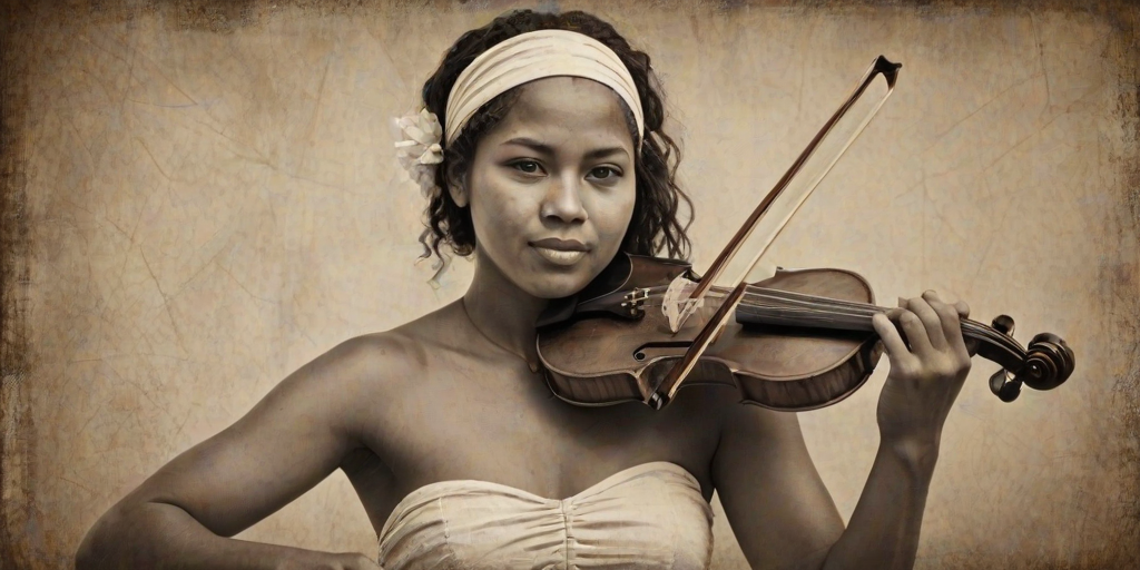 a young Torres Strait Islander woman with a white headband playing a violin, in the style of a charcoal drawing, sepia grunge background