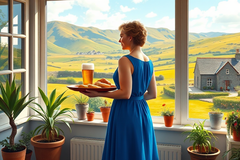 In "A Glass of Beer on the Highland," a serene scene is depicted in a sunlit room where a woman in a vibrant blue dress stands by a large window. She holds a tray with a hearty meal and a frothy glass of beer, embodying a moment of relaxation. Outside, the breathtaking highland landscape features rolling green hills and a charming traditional house, all bathed in warm afternoon light. The interior is adorned with potted plants, creating a harmonious blend of comfort and nature. The painting beautifully captures the tranquility and joy found in simple pleasures amidst stunning scenery