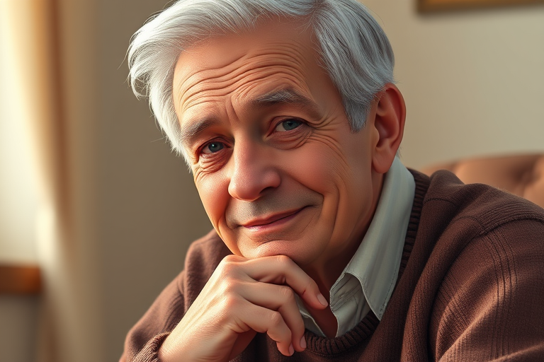 Create an illustration of an older gentleman with gray hair and a slight smile, sitting with his chin resting on his hand, using a DSLR camera at f/2.8, ISO 200, 50mm lens, with soft lighting and a shallow depth of field to enhance detail and vibrancy.
