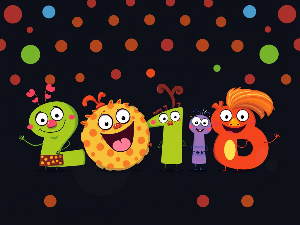 Create a vibrant and whimsical illustration featuring colorful cartoon characters with exaggerated features representing the numbers 2018, set against a dark background with bright polka dots, using a wide-angle lens at f/2.8, with a vibrant color palette and a high-resolution digital format.