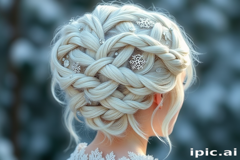 Frosty Winter Whisper presents an icy platinum blonde updo with intricate snowflake-inspired braids and delicate crystal accents woven throughout the elaborate style