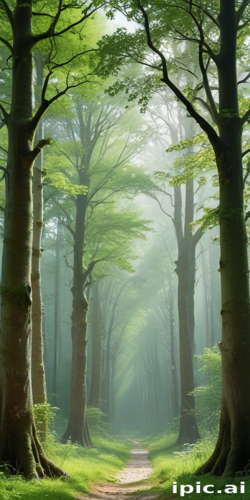 Serene Pathway Through a Lush Green Forest on a Misty Morning