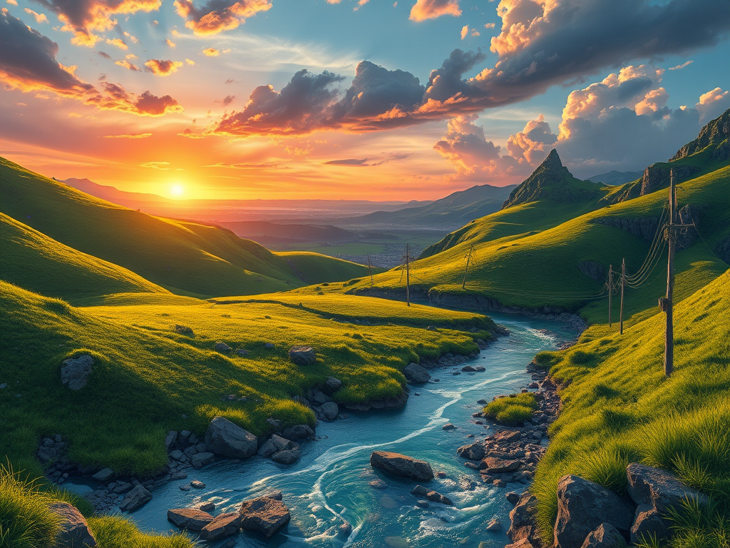 Generate a detailed illustration of a fantasy landscape featuring lush green hills, a sparkling river, and a vibrant sunset in the background, captured with a Canon EOS R5 at f/2.8 aperture, ISO 100, at a 24mm focal length, using a wide-angle lens andHDR style for enhanced clarity and depth.