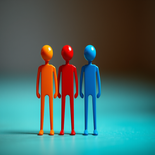 Create an image of four stylized, colorful figures standing together, using a Canon EOS 5D Mark IV, 50mm lens, f/1.8 aperture, 1/200 shutter speed, ISO 200, with a shallow depth of field and vibrant colors.