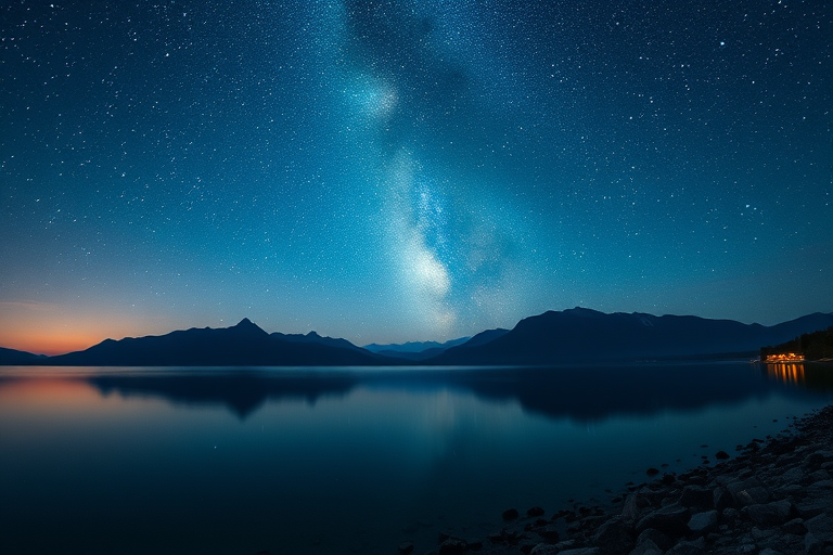 Generate a high-quality image of a starry night sky over a tranquil lake with mountains in the background, using a Canon EOS R5, f/2.8 aperture, ISO 3200, exposure time of 10 seconds, wide-angle lens, and a shooting view from the lakeshore.
