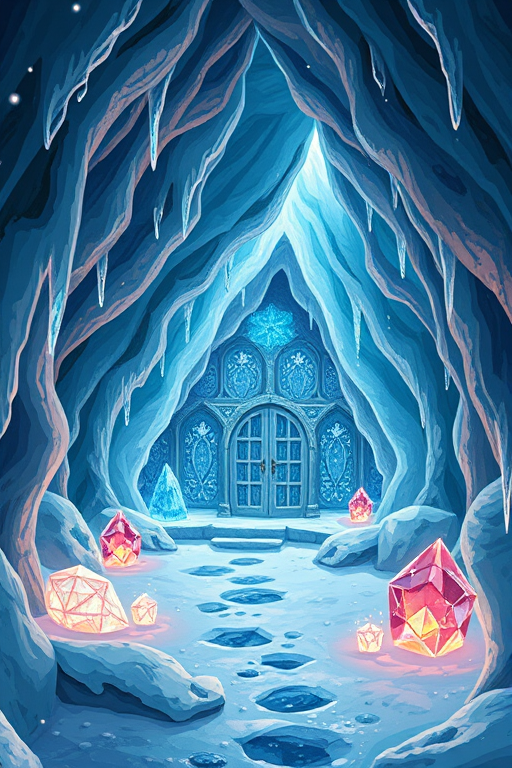 Create a whimsical illustration of a crystalline ice cabin in a cave with sparkling gems and icicles, shot with a Canon EOS R5, 24mm lens, f/8 aperture, ISO 100, and a soft focus to enhance details and colors.