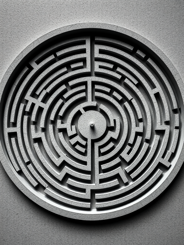 Create a detailed black and white maze design in a circular shape with intricate pathways and a central focal point, high resolution, aperture f/8, ISO 100, shutter speed 1/125s, top-down view, DSLR camera, minimalistic style.