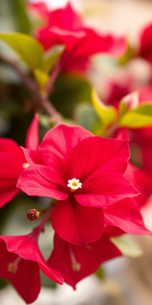 close-up shot of vibrant red bougainvillea flowers with a small white flower in the center, shallow depth of field, ISO 100, aperture f/2.8, 50mm lens, natural light, DSLR camera
