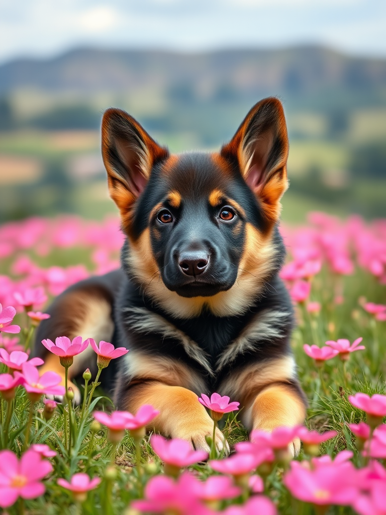 Generate a high-resolution image of a cute German Shepherd puppy lying in a field of vibrant pink flowers with a picturesque landscape in the background, captured using a DSLR camera at f/2.8 aperture, ISO 100, shutter speed 1/250 sec, wide-angle lens at 24mm, with soft natural lighting and a shallow depth of field to enhance the focus on the puppy.