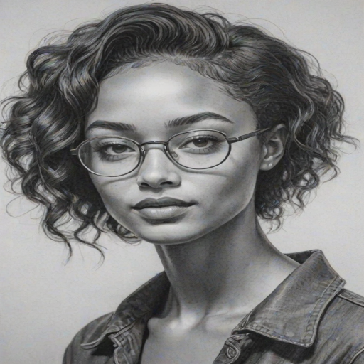 Radiant Tati Gabrielle, pencil sketch, portrait of Enchanting woman 1964s in glasses, hair style beatnik, outline, clear lines, fine lines, 8k