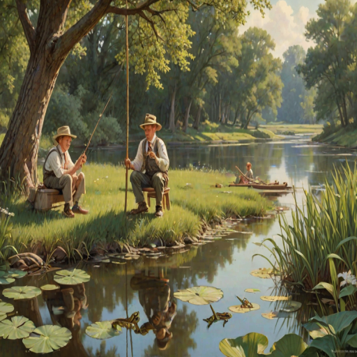 Imagine a small group of old fashioned young boys out fishing by the creek, a swing hanging from a tree branch, reeds and grasses by the water's edge, a frog sitting on a lily pad, dragonflies hovering over som water plans, a very iconic old fashioned scene reminiscent of a Norman Rockwell painting style