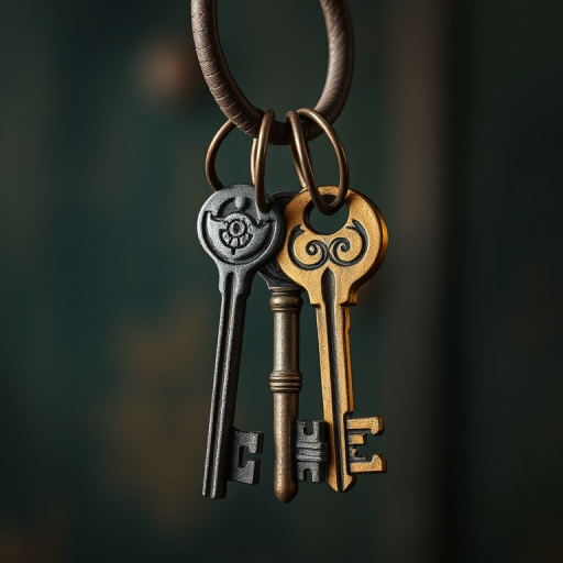 Generate a high-resolution illustration of three vintage keys hanging from a circular ring, captured in a close-up view using a Canon EOS R5 with an aperture of f/2.8, ISO 100, and a 50mm lens, with a soft focus background to enhance the subject's details.