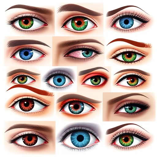 Create a high-resolution illustration of various eye designs in a grid format, showcasing diverse colors and styles, with a focus on realism, using a 50mm lens at f/2.8, ISO 100, natural light, and a Canon DSLR camera.