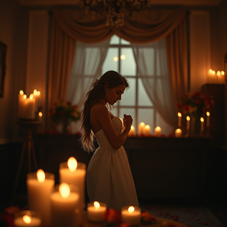 romantic scene with a couple embracing softly in a dimly lit room surrounded by candles and rose petals, shallow depth of field, lens f/1.8, ISO 400, 50mm prime lens, soft warm lighting, captured with a DSLR camera