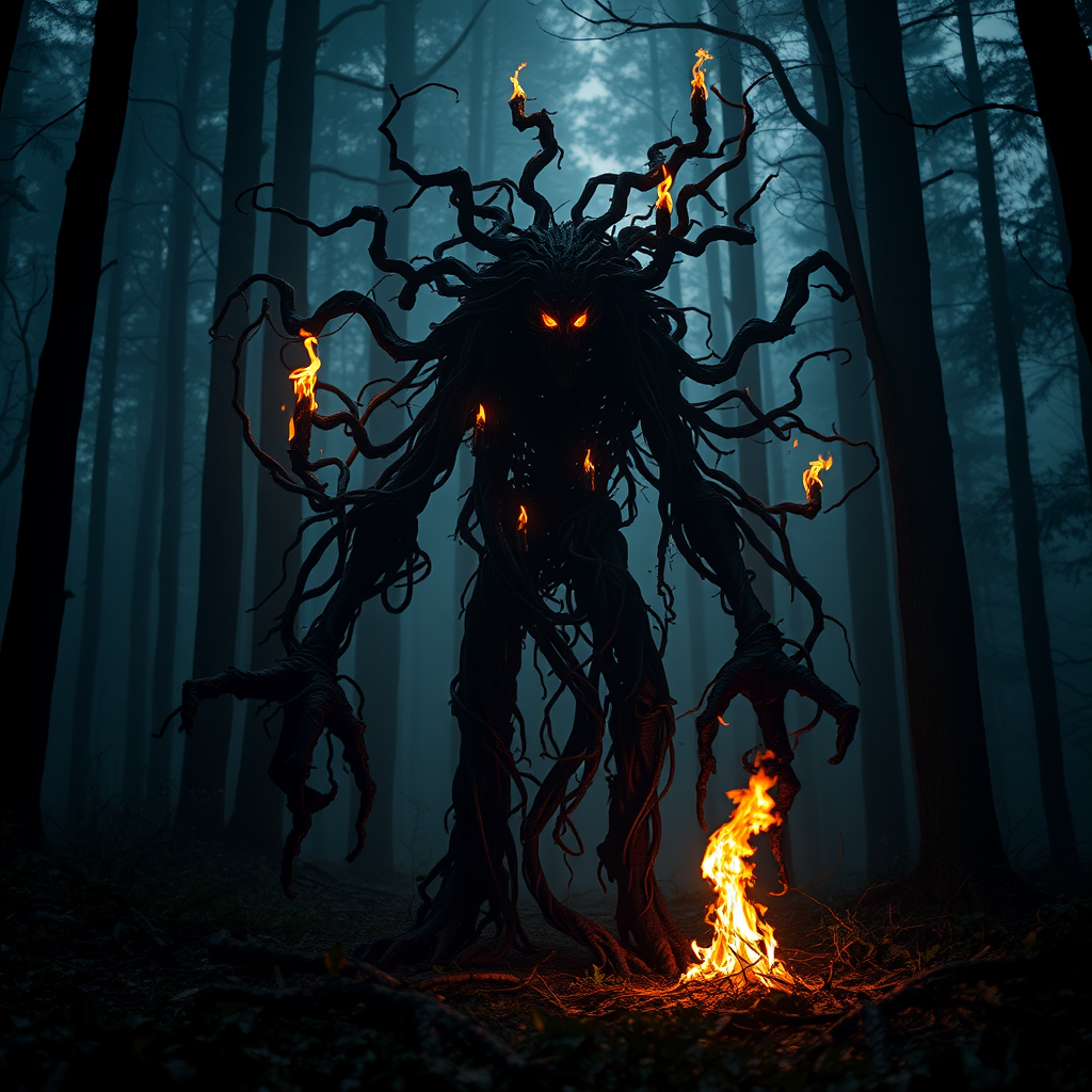 A mysterious entity made of dark, twisted vines and illuminated by flickering flames, standing in a misty forest with towering trees, shot using a Canon EOS R5 with a 24-70mm f/2.8 lens, at ISO 100, f/4, 1/100s, in soft lighting to enhance shadows and textures.