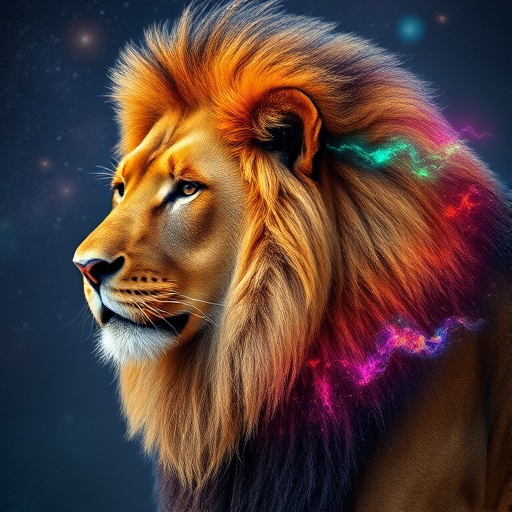 A majestic lion with a cosmic, colorful fur pattern, deep space background, side profile view, shot with a Canon EOS R5, 85mm f/1.2 lens, ISO 100, f/1.2, 1/500 sec, high dynamic range.