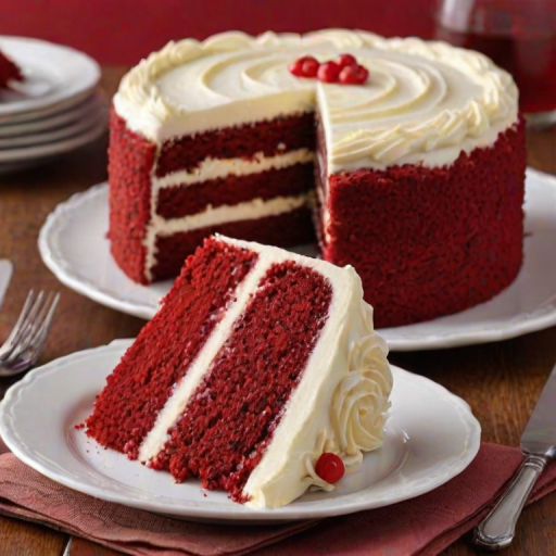 Generate an image of a slice of red velvet cake with cream cheese frosting. The cake should be moist and fluffy, showcasing its vibrant red color and layered structure. The background should be simple and clean to emphasize the cake.