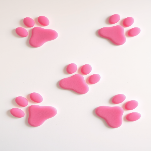Generate a high-resolution image of cute pink paw prints arranged in a creative pattern on a white background, using a DSLR camera with a 50mm lens, f/1.8 aperture, ISO 100, and a soft focus style for a dreamy effect.