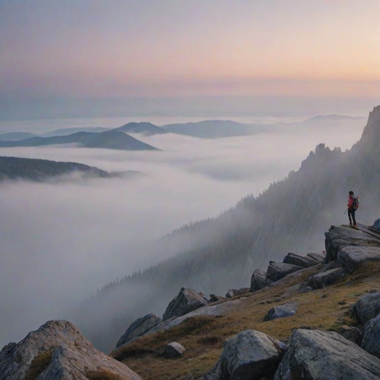 Low-resolution image of a foggy mountain landscape at dawn, muted pastel colors in the sky, soft light breaking through the mist, with a lone hiker in the foreground standing on a rocky outcrop.