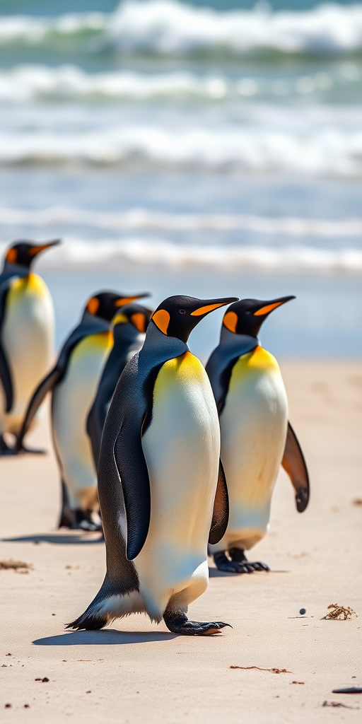 photograph of a group of king penguins walking along a sandy beach with ocean waves in the background, 50mm lens, f/8 aperture, ISO 200, sunlight, high-resolution DSLR camera, wide-angle view, vivid colors, sharp focus on the penguins
