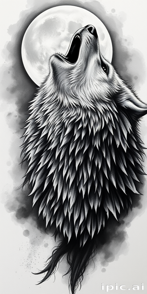 Realistic black and gray tattoo of a majestic wolf howling at the moon, showcasing incredible detail in fur texture and piercing eyes, with smoky background effects for added atmosphere