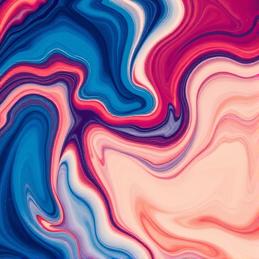 create an abstract background with swirling colors of blue, red, and cream, capturing dynamic movement and texture, using a DSLR camera at ISO 100, f/5.6 aperture, 1/125s shutter speed, shot from a top-down view with a macro lens for enhanced detail