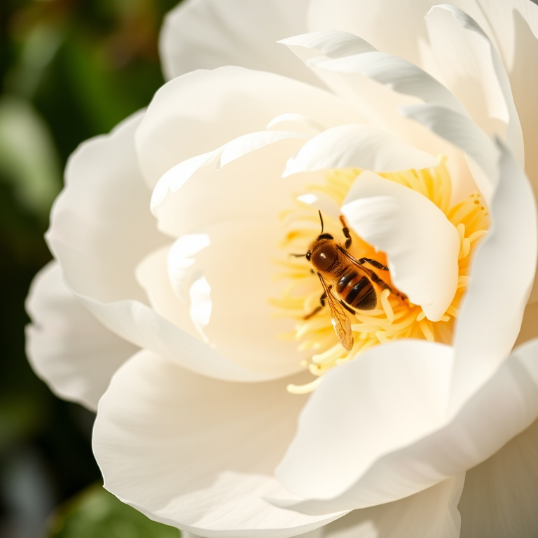 Close-up shot of a white peony flower with a bee, using a DSLR camera with a 50mm lens, aperture f/2.8, shutter speed 1/200 sec, ISO 100, natural lighting, shallow depth of field for a soft background.