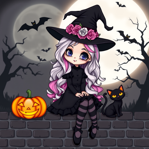 A cute, gothic-style cartoon of a young witch resembling Wednesday Addams sitting on a brick wall under a full moon. She has long wavy hair with silver, pink, and purple ombre highlights, and wears a classic black witch hat decorated with a pumpkin and roses. She is dressed in a black frilly dress with striped stockings and black shoes. A glowing Jack-o'-lantern sits beside her, and a black cat with glowing orange eyes is next to her. The background features a large moon, silhouetted bats, and a spooky tree, with a soft monochrome and slightly glowing effect, creating a magical Halloween atmosphere.