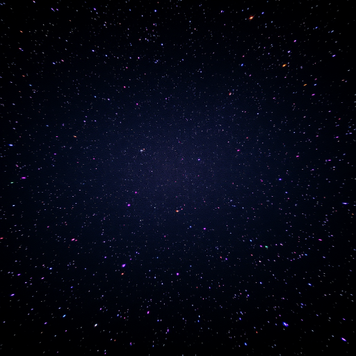 Generate a vibrant cosmic scene filled with colorful stars scattered across a black background with a Canon EOS 5D Mark IV, f/8 aperture, ISO 1600, 20 mm lens, and a wide-angle view to enhance depth and clarity.