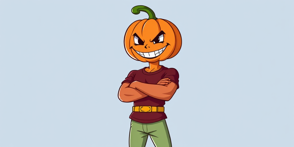 Create a digital illustration of a strong cartoon character with a pumpkin head and a mischievous grin, wearing a maroon shirt, yellow belt, and light green pants, standing confidently with arms crossed, using a high-resolution setting in a vector style, with a crisp clean background, shot with a digital drawing tablet at 300 DPI.