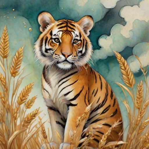 Soft, muted Alcohol Ink with ebru effect background image of tiny whimsical tiger, who climbed high on the top of a golden rye ear.
